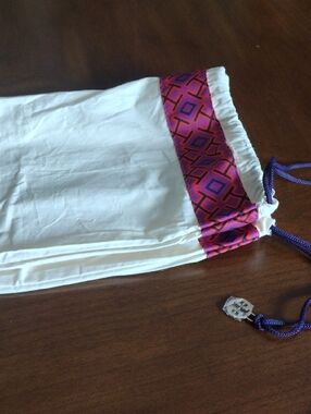 White Drawstring Dust Bag with Pink Geometric Trim